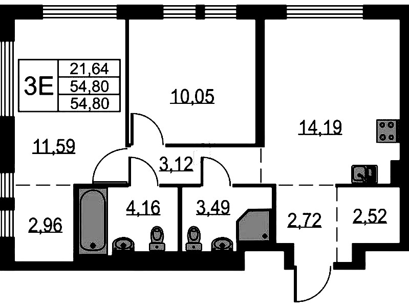 2-комнатная квартира 54.8 м², 15/15 эт., ЖК «Невская Долина»